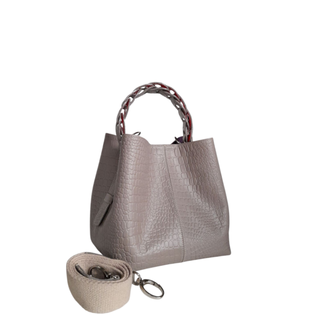 Bolso de mano de cuero Simona Kleine para damas en diseño de reptil en taupe