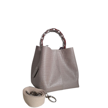 Bolso de mano de cuero Simona Kleine para damas en diseño de reptil en taupe