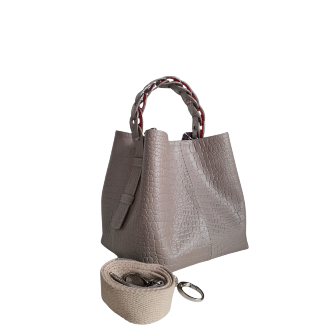 Bolso de mano de cuero Simona Kleine para damas en diseño de reptil en taupe