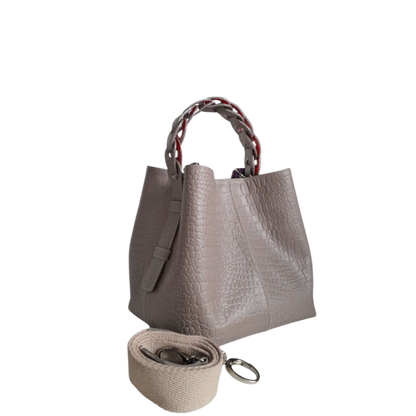Bolso de mano de cuero Simona Kleine para damas en diseño de reptil en taupe