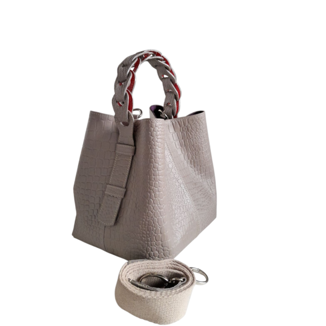 Bolso de mano de cuero Simona Kleine para damas en diseño de reptil en taupe