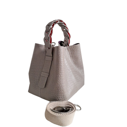 Bolso de mano de cuero Simona Kleine para damas en diseño de reptil en taupe
