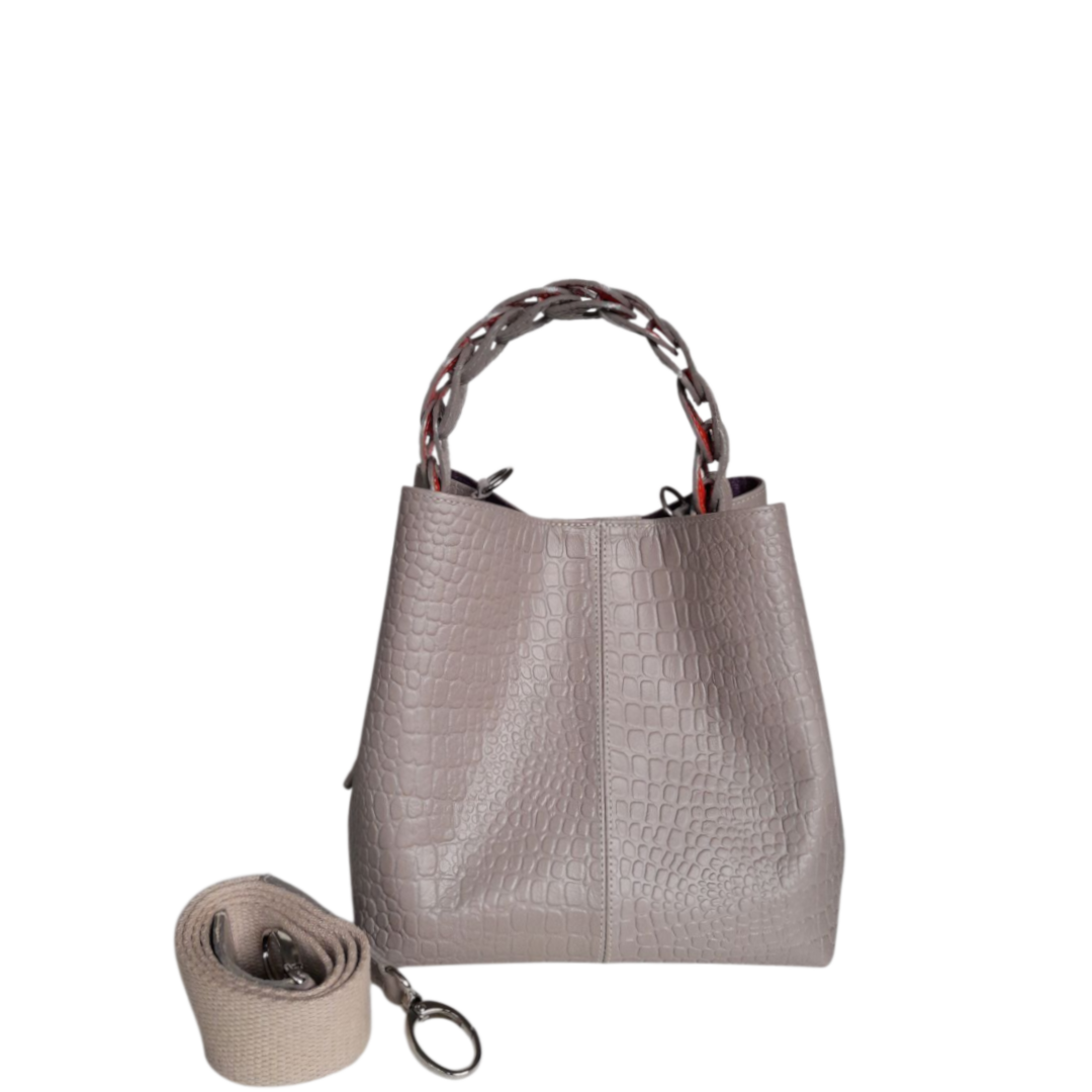 Bolso de mano de cuero Simona Kleine para damas en diseño de reptil en taupe
