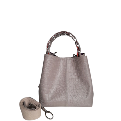 Bolso de mano de cuero Simona Kleine para damas en diseño de reptil en taupe