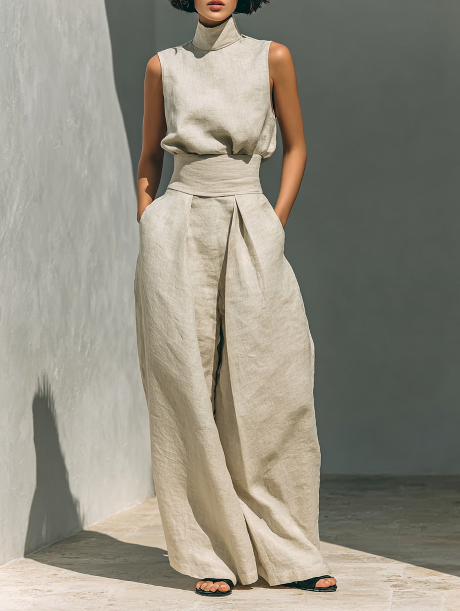 Conjunto minimalista para mujer en algodón y lino con blusa sin mangas y pantalones de pierna ancha