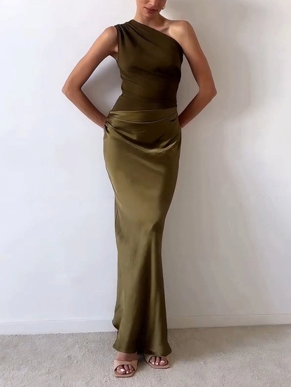 Laura | Vestido maxi de fiesta elegante con un hombro y pliegues