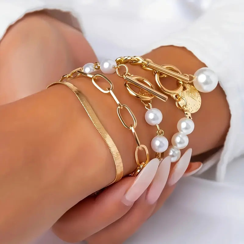 Juego de 4 pulseras Chic Gold – Serpiente, perlas y eslabones | Oro