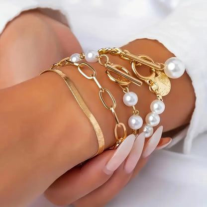 Juego de 4 pulseras Chic Gold – Serpiente, perlas y eslabones | Oro
