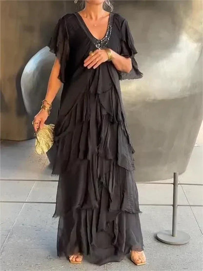 Blaise - Ruffled Short Sleeves V-Neck Maxi Dress