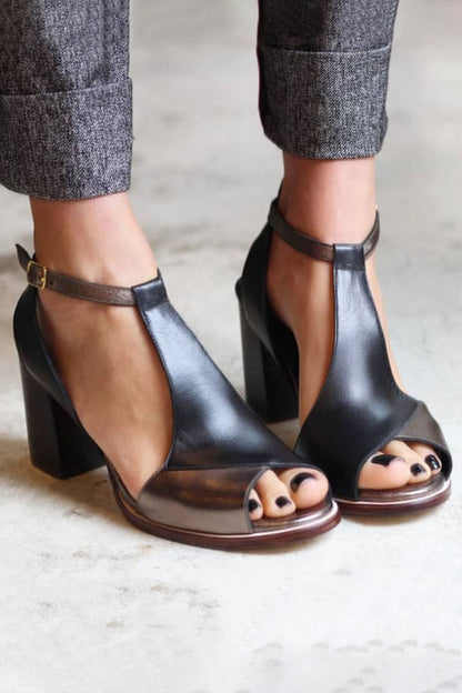 Nadaria | Sandalias peep toe de patchwork negras con tacón