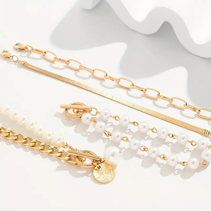 Juego de 4 pulseras Chic Gold – Serpiente, perlas y eslabones | Oro