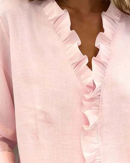Susan | Blouse with Ruffles, V-Neck and Long Sleeves