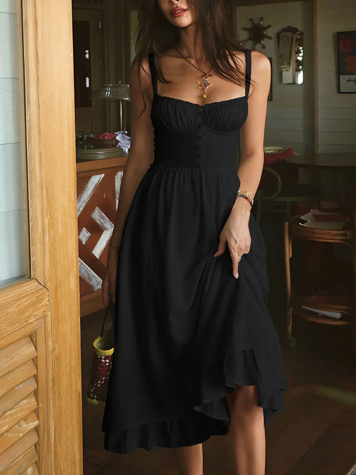 Iris |Vestido midi liso con tirantes y volante en el bajo