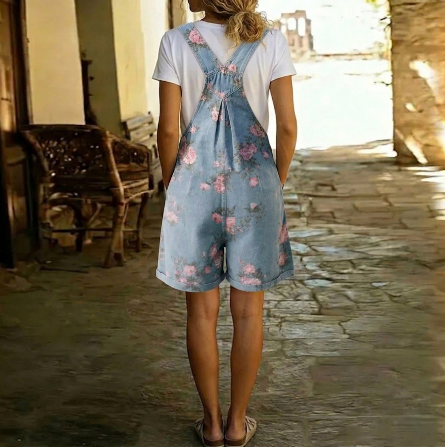 Adriana - Mono de flores de denim con suave algodón y lavado vintage