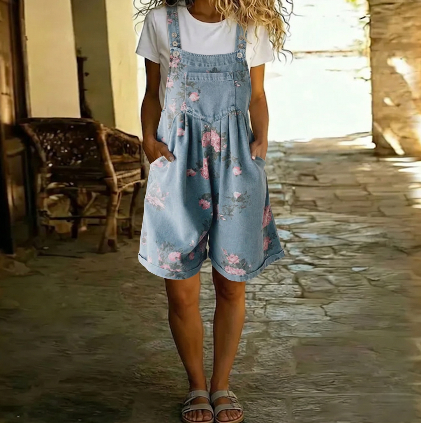 Adriana - Mono de flores de denim con suave algodón y lavado vintage