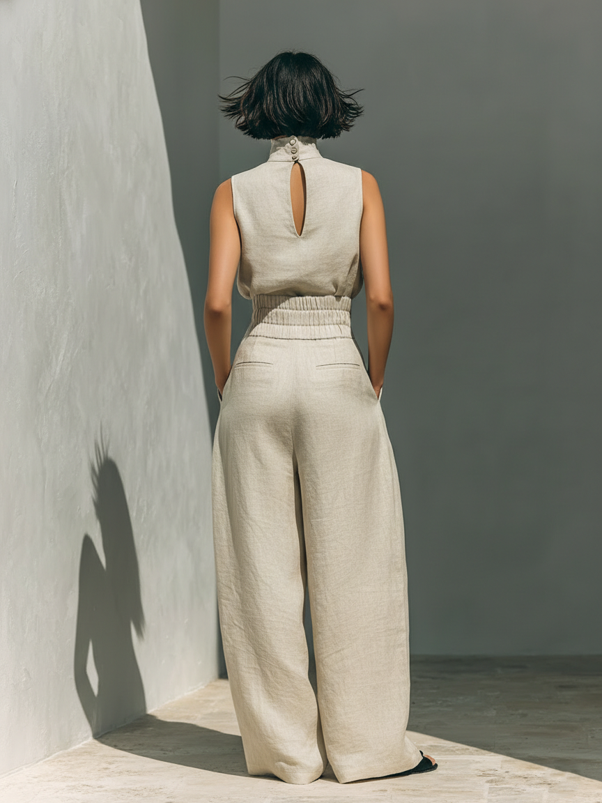 Conjunto minimalista para mujer en algodón y lino con blusa sin mangas y pantalones de pierna ancha