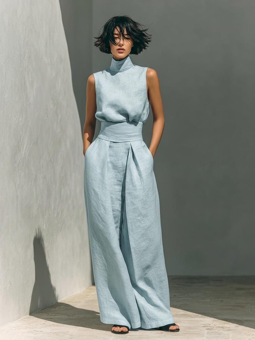 Conjunto minimalista para mujer en algodón y lino con blusa sin mangas y pantalones de pierna ancha