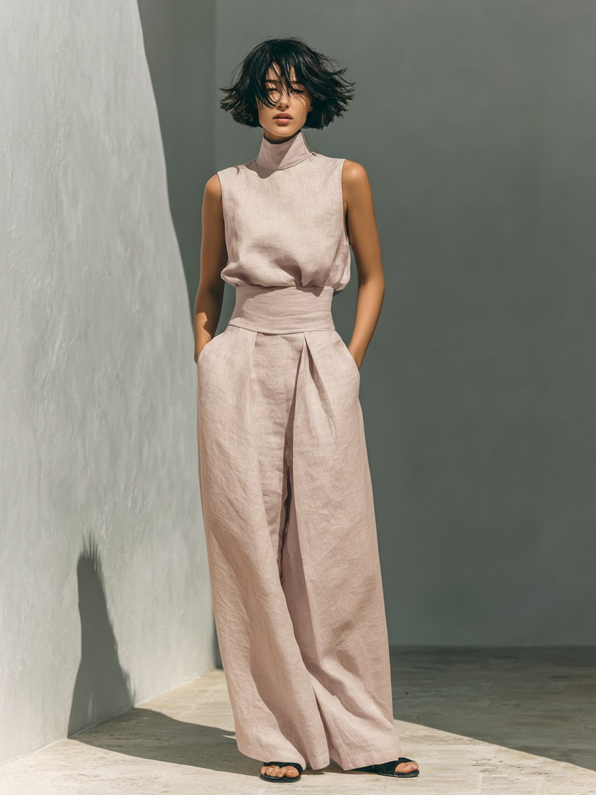 Conjunto minimalista para mujer en algodón y lino con blusa sin mangas y pantalones de pierna ancha