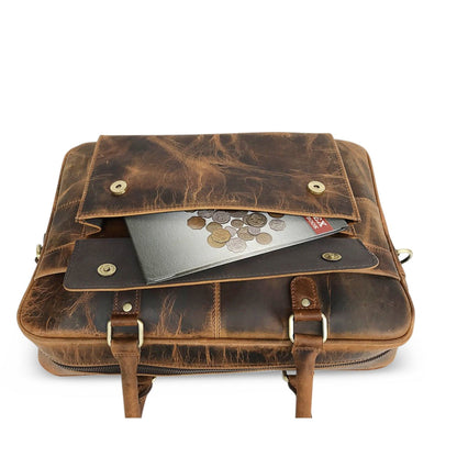 Bolsa para portátil de cuero marrón cazador