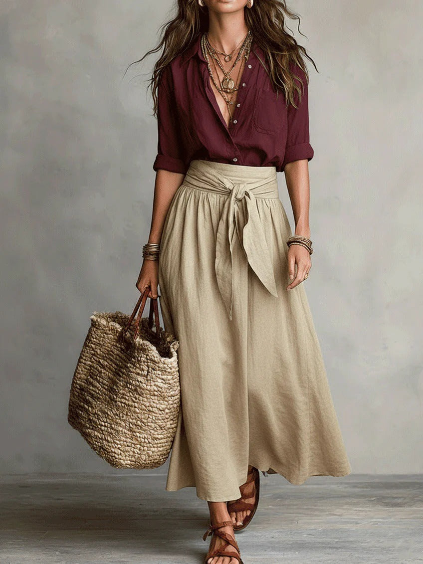 RÍO | Conjunto de Dos Piezas: Top Negro y Falda Midi Verde Oliva