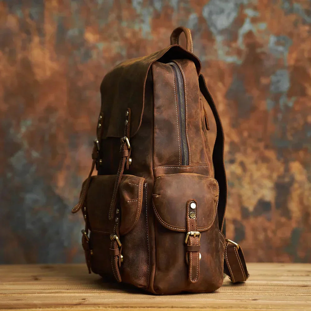 Mochila de viaje de cuero genuino en marrón | Mochila grande