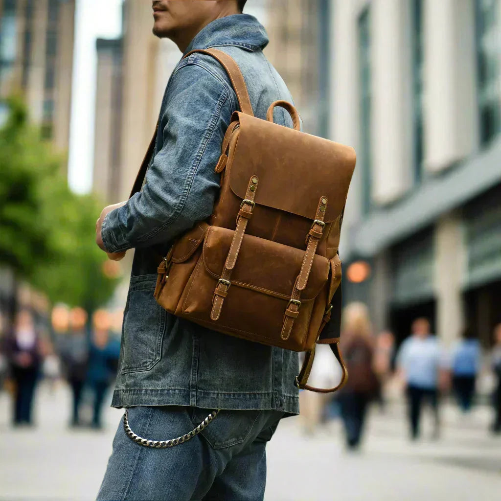 Mochila de viaje de cuero genuino en marrón | Mochila grande