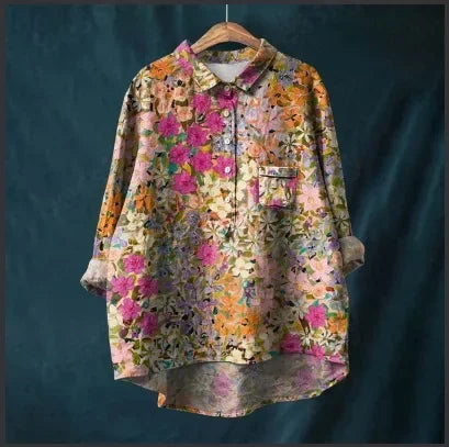 Button Down Collar Shirts For Women Flower Pattern Printed Women'S Lapel Neck Casual Cotton And Linen Long Tops For Women V Neck