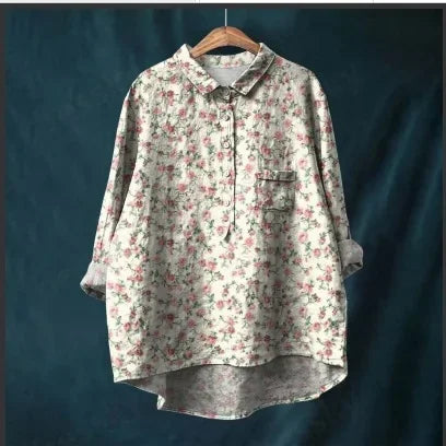 Button Down Collar Shirts For Women Flower Pattern Printed Women'S Lapel Neck Casual Cotton And Linen Long Tops For Women V Neck
