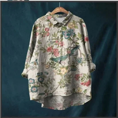 Button Down Collar Shirts For Women Flower Pattern Printed Women'S Lapel Neck Casual Cotton And Linen Long Tops For Women V Neck