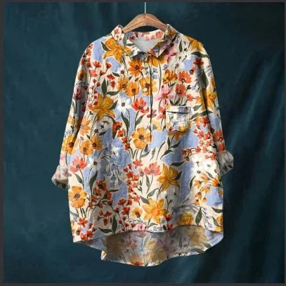 Button Down Collar Shirts For Women Flower Pattern Printed Women'S Lapel Neck Casual Cotton And Linen Long Tops For Women V Neck