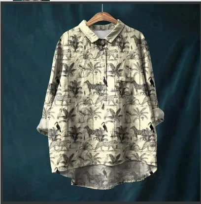 Button Down Collar Shirts For Women Flower Pattern Printed Women'S Lapel Neck Casual Cotton And Linen Long Tops For Women V Neck