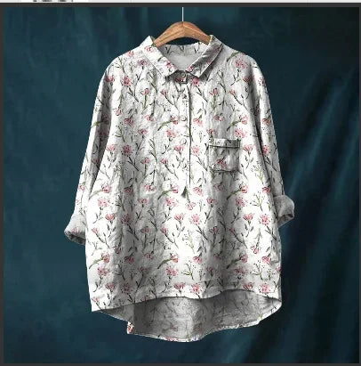 Button Down Collar Shirts For Women Flower Pattern Printed Women'S Lapel Neck Casual Cotton And Linen Long Tops For Women V Neck