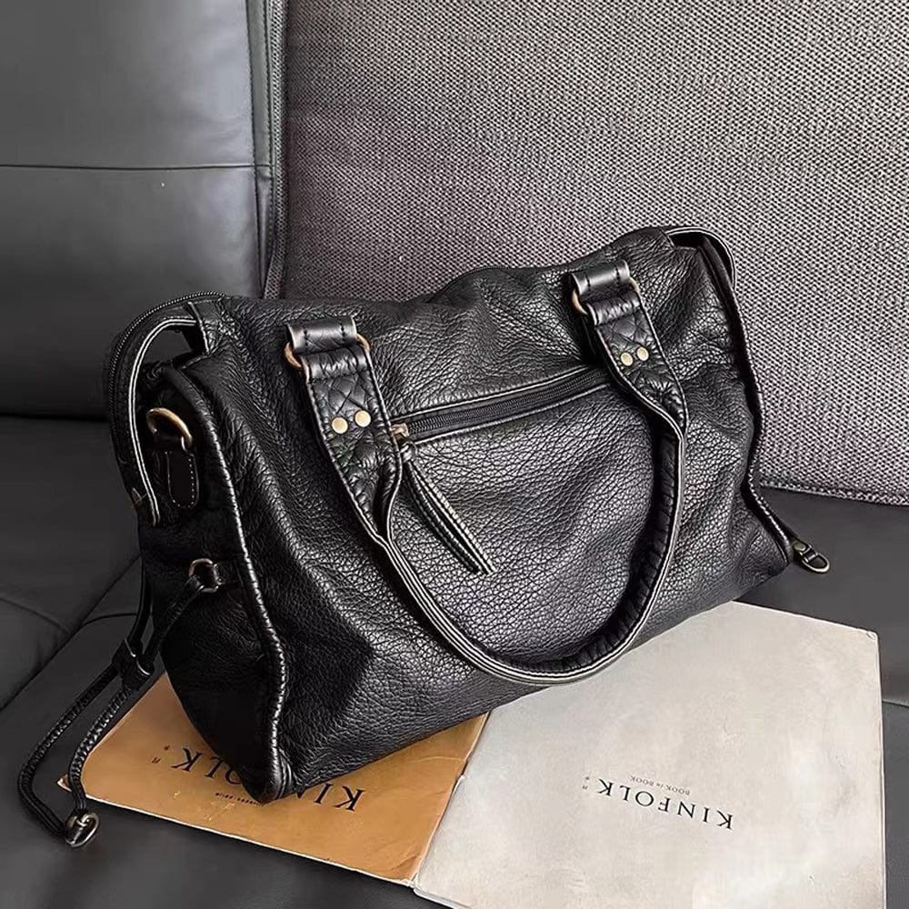 Bolso de Mano de Cuero Negro Vintage Elegante