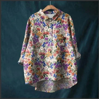 Button Down Collar Shirts For Women Flower Pattern Printed Women'S Lapel Neck Casual Cotton And Linen Long Tops For Women V Neck