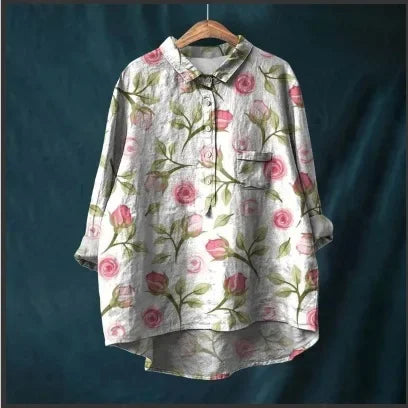 Button Down Collar Shirts For Women Flower Pattern Printed Women'S Lapel Neck Casual Cotton And Linen Long Tops For Women V Neck