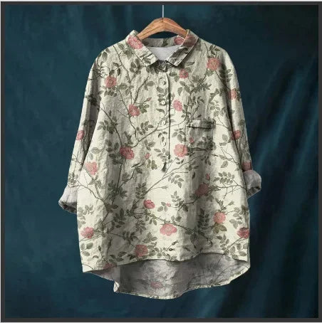 Button Down Collar Shirts For Women Flower Pattern Printed Women'S Lapel Neck Casual Cotton And Linen Long Tops For Women V Neck
