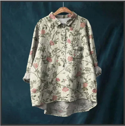 Button Down Collar Shirts For Women Flower Pattern Printed Women'S Lapel Neck Casual Cotton And Linen Long Tops For Women V Neck
