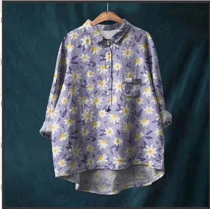 Button Down Collar Shirts For Women Flower Pattern Printed Women'S Lapel Neck Casual Cotton And Linen Long Tops For Women V Neck