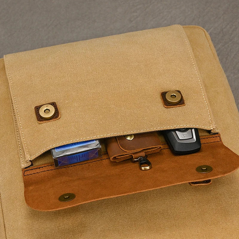 Mochila auténtica de cuero y lona | Mochila vintage para laptop de colegio