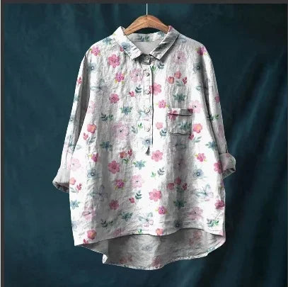 Button Down Collar Shirts For Women Flower Pattern Printed Women'S Lapel Neck Casual Cotton And Linen Long Tops For Women V Neck