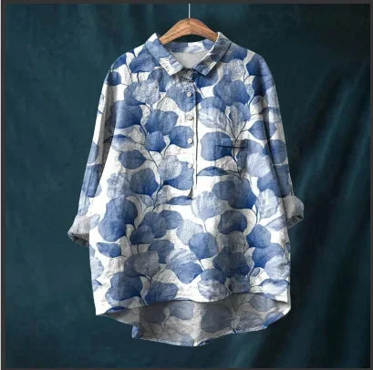 Button Down Collar Shirts For Women Flower Pattern Printed Women'S Lapel Neck Casual Cotton And Linen Long Tops For Women V Neck