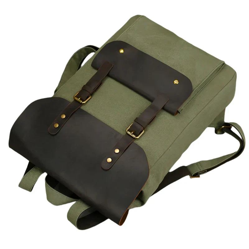 Mochila auténtica de cuero y lona | Mochila vintage para laptop de colegio
