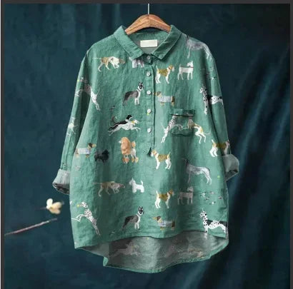 Button Down Collar Shirts For Women Flower Pattern Printed Women'S Lapel Neck Casual Cotton And Linen Long Tops For Women V Neck