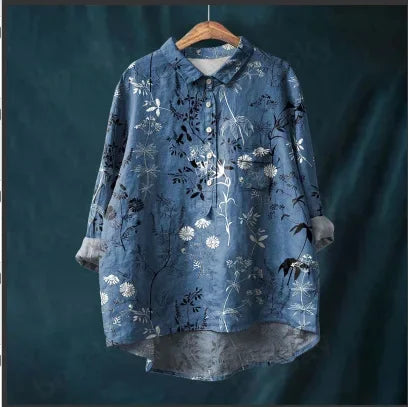 Button Down Collar Shirts For Women Flower Pattern Printed Women'S Lapel Neck Casual Cotton And Linen Long Tops For Women V Neck