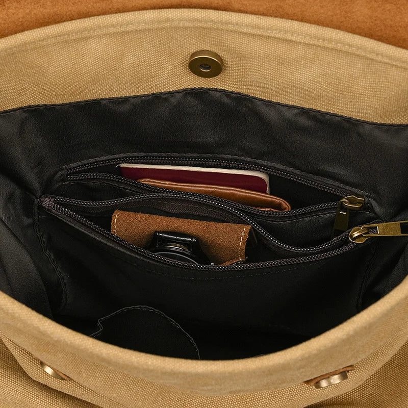 Mochila auténtica de cuero y lona | Mochila vintage para laptop de colegio