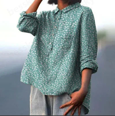 Button Down Collar Shirts For Women Flower Pattern Printed Women'S Lapel Neck Casual Cotton And Linen Long Tops For Women V Neck
