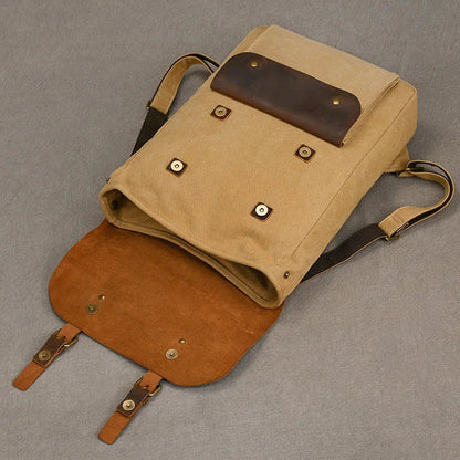 Mochila auténtica de cuero y lona | Mochila vintage para laptop de colegio