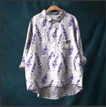 Button Down Collar Shirts For Women Flower Pattern Printed Women'S Lapel Neck Casual Cotton And Linen Long Tops For Women V Neck