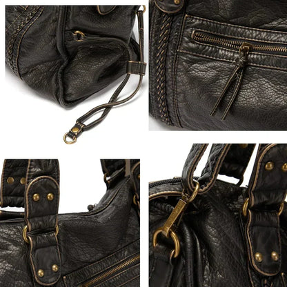 Bolso de Mano de Cuero Negro Vintage Elegante