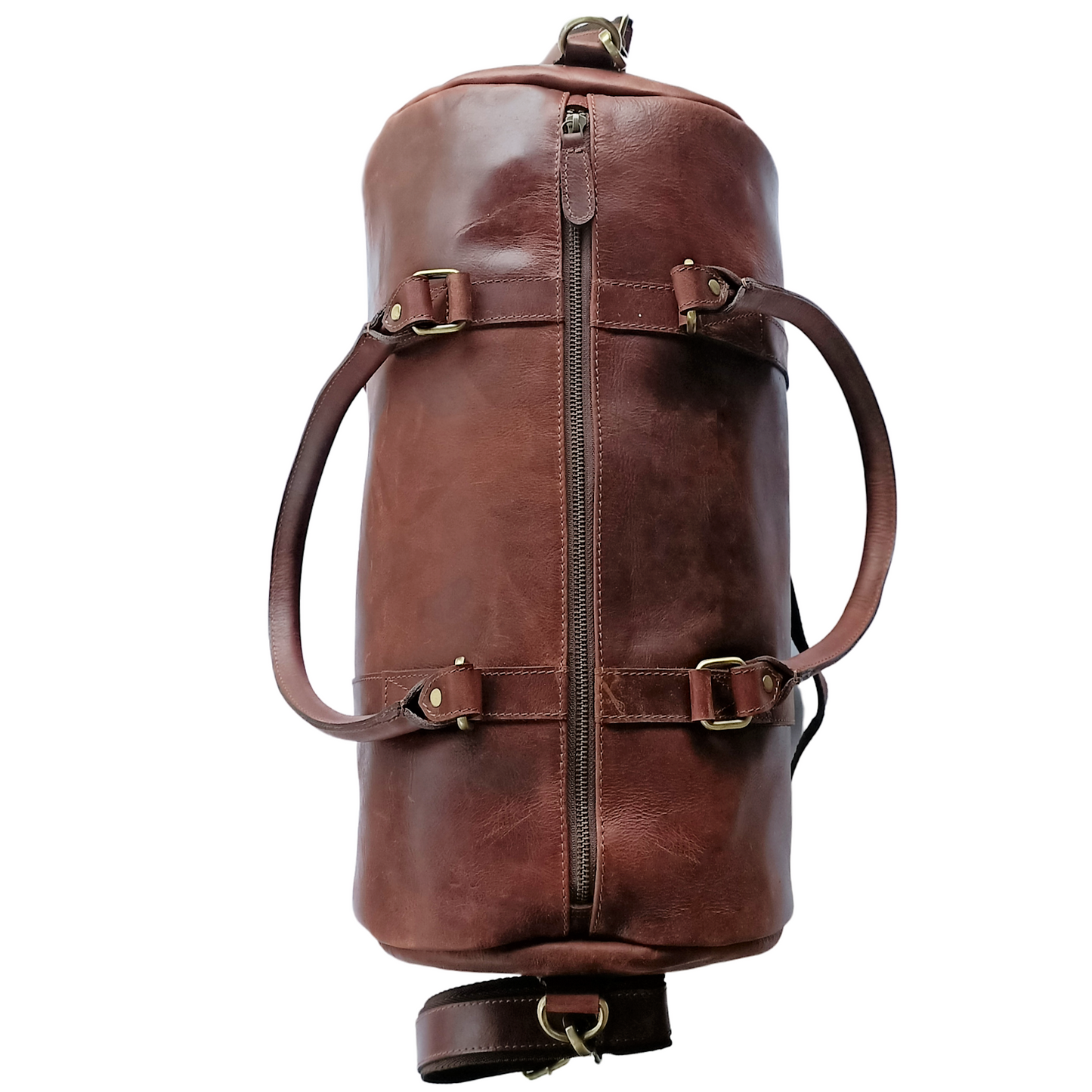 Bolso de viaje de cuero marrón en tono oscuro